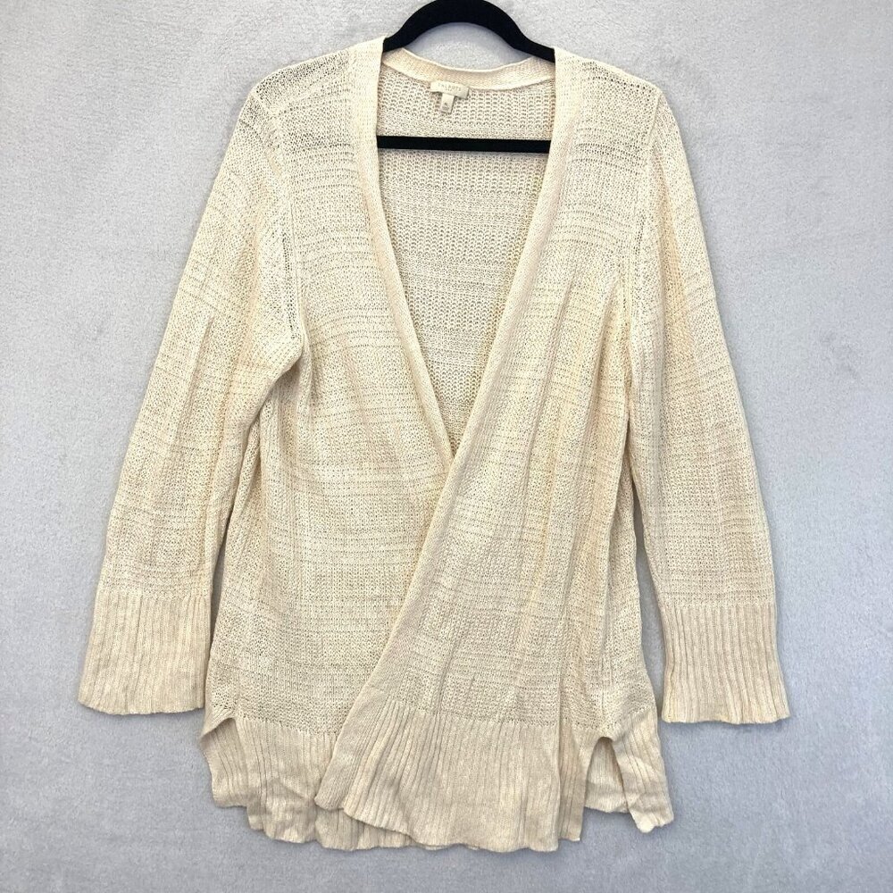Talbots Open Front LINEN Blend Cardigan Sweater XL Ivory Beige Beach Bonfire